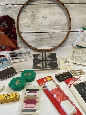 Vintage Sewing & Crochet Notions Lot Boye Crochet Hooks, Bias Tap, Fabric Scraps