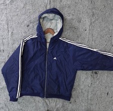 Vintage adidas 3-Stripe Hooded Windbreaker Jacket Mens L Navy Blue Full Zip
