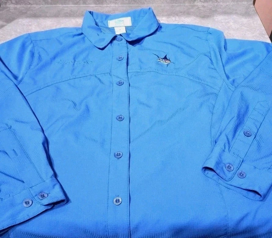 ¡Nuevo! GUY HARVEY-Camisa de Pesca Azul Marino Tejida Poli Cuadros, Mujer LS, Logo-(M) Foto 4 de 4