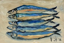 Sardina Original Pintura al Óleo Pescado Marisco Arte Sardina Bodegón Cocina Firmado