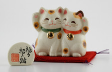 Japanese Handmade White Lucky Cat Maneki Neko Pair Couple Pottery Seto ware Gift