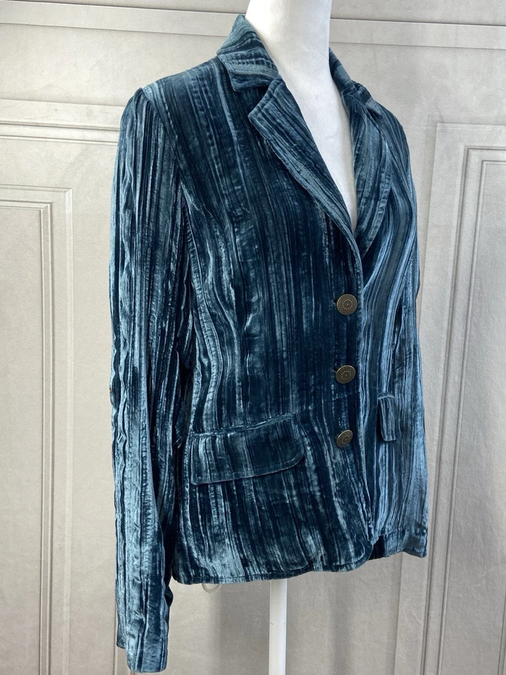 Blazer Chicos Mujer Talla 0 Azul Terciopelo Chocado Mezcla Seda Botón Frontal Gótico Foto 3 de 4