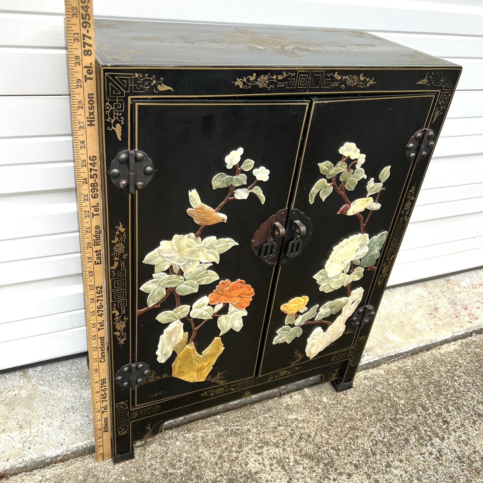 Chinese Black Lacquer Gold Hand Painted Cabinet Stone Relief Bird Flower MCM SEE