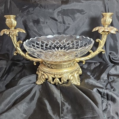 Val St. Lambert Crystal and Gilded Gold Epergne Centerpiece Candelabra Vtg Antiq