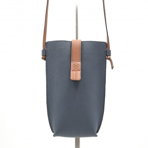 LOEWE Gate Pocket Shoulder Bag Smartphone Shoulder Navy x Brown Leather Anagram