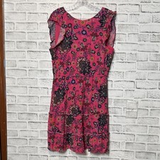 LOFT Vibrant Pink Dress floral print ruffles deep V in back with tie size Large