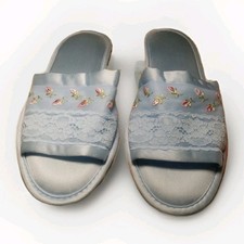 Vintage Vanity Fair Blue Lace Flowers Satin House Shoes Slippers M 6.5-7.5