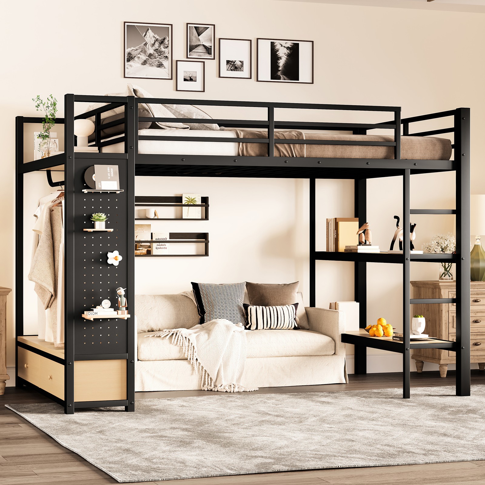 Full Size Loft Bed Frame w/Wardrobe,Metal Loft Bed with Storage Shelves Black