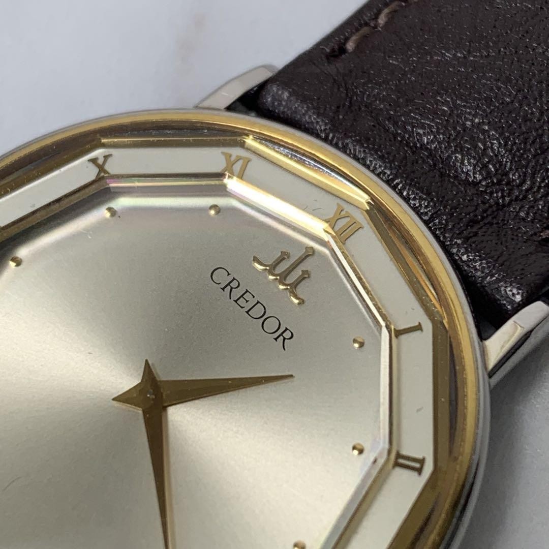 Vintage SEIKO Credor 2F70 0290 18K Roman Dial Leather Watch Onyx