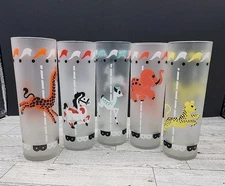 5 Vintage Libby Merry Go Round Hi Ball Glasses Frosted