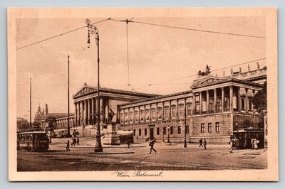 Vienna Austria Parliament Building RPPC Postcard Wien Tram Street Scene