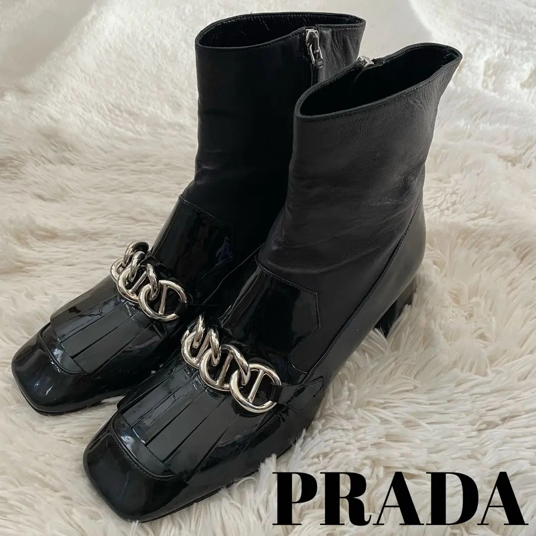 PRADA Short Boots Shoes Chain EU 38.0 US 8.0 Leather Black Auth Excellent FS