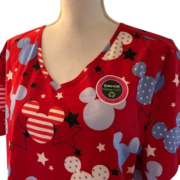 Disney Mickey Mouse Patriotic Stars V Neck Medical Scrub Top Women's Size XL NEW - Image 3 of 4
