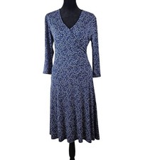 Womens Size XS Blue & White Patterned V-Neck Dress 3/4 Sleeves Career Stylish