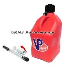 VP Racing Red Square 5 Gallon Race Fuel Jugs + Fill Hose w/ Ball Valve Shut Off