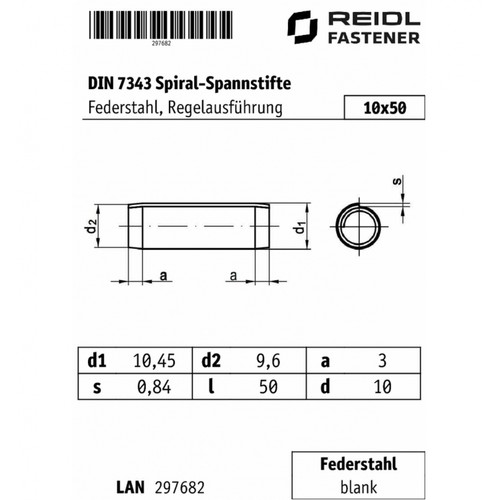 10x DIN 7343 SpiralSpannstifte 10x50 Federstahl blank Regelausführung