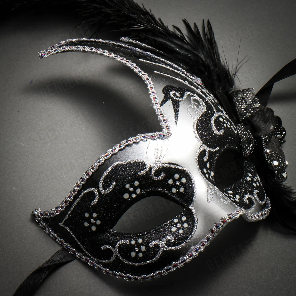 Silver Venetian Carnival Side Black Feather Masquerade Mask Mardi Gras Party - Image 3 of 4