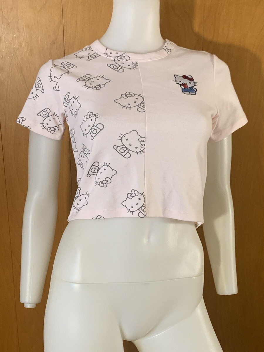 NEW HELLO KITTY PINK ALL OVER PRINT SPLIT EMBROIDERED T-SHIRT TOP
