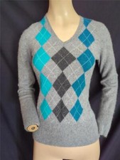 ARGYLE GRAY ARGYLE 100  CASHMERE V-NECK EXTRA THICK SWEATER-APT. 9 32" BUST