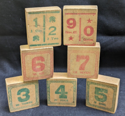 ANTIQUE 1915 WOODEN NUMBER ALPHABET BLOCKS 7 TOYS PRIMITIVE 1 13/16'' x 2'' DECOR