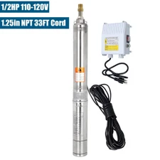 1/2HP 4'' Deep Well Submersible Pump 171FT 25GPM 110V Stainless Steel 33FT Cord