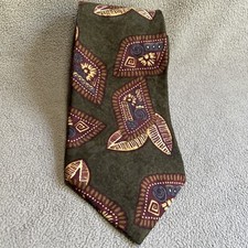 Mario Valentino Men’s Silk Necktie Tribal Indian Aztec Green Red Tie Made In USA