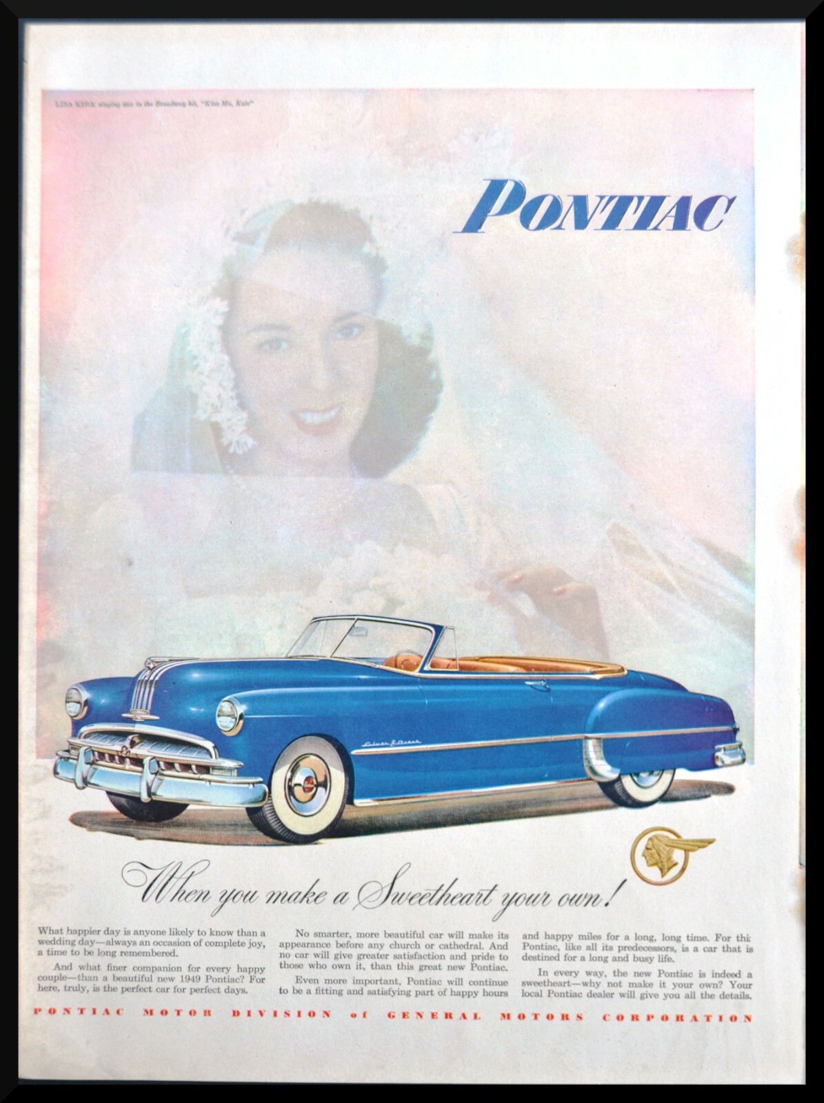 Original Print Ad 1949 PONTIAC Blue Convertible Silver Streak Lisa Kirk Artwork