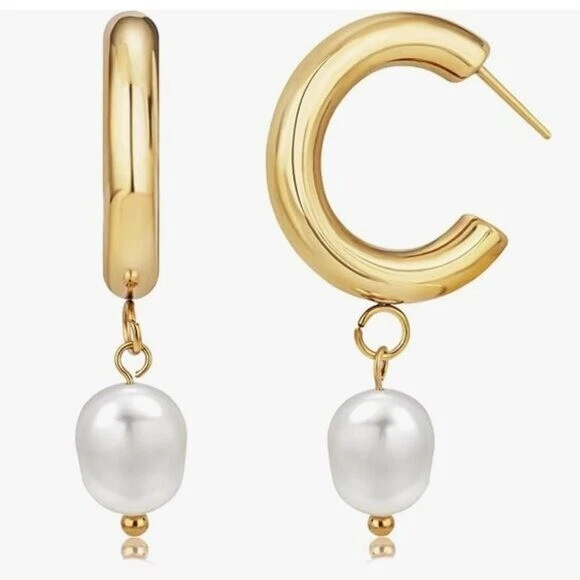 Dangle Pearl Earrings Huggie Earrings Waterproof Chunky Pearl Hoop Huggies CUTE - Image 4 of 4