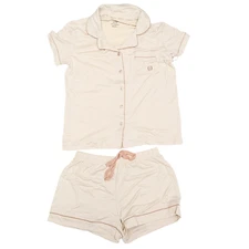 Born Beige Notch Collar Pajama Set - Short Sleeve & Shorts, Size Medium