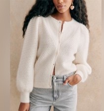 SEZANE Solena Kid Mohair Wool Cardigan Balloon Sleeves in Ivory Size S