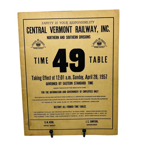 Central Vermont Railway Timetable No. 49 April 28 1957 Vintage