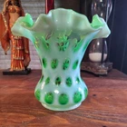 Vintage Fenton Glass Lime Green Opalescent Coin Dot Ruffled Vase 6.25" 1953-1954