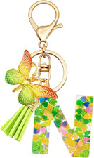 Initial Letter Keychains for Girls Women Pink Purple Green Cute Butterfly Heart