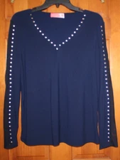 EUC Women's Simply Scarlett NAVY w/Silver Stud Embellishment Long Sleeve Top M