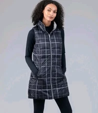 MY ANORAK Long Quilted Down Vest Reversible Allover Plaid Print Women's Size S