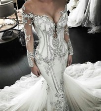 Long Sleeve Mermaid Wedding Dresses Crystal Beaded Bridal Dress Sweep Train