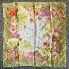 Silk Satin Square Scarf Green Pink White Yellow Orange Floral Hemmed