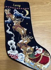 Needlepoint Christmas Stocking Santa Sleigh Reindeer Velvet Back Personalized 19