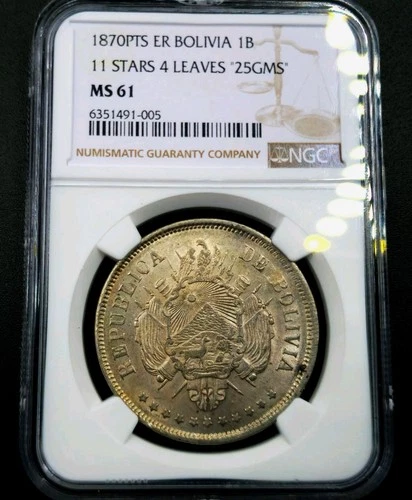 Boliviano 1870 PTS ER *11 Stars Coat of Arms Bolivia Republic MS61 NGC Very Rare