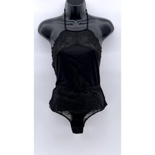 H M Women's Black Lace-Trim Halter Open-Back Bodysuit SZ 6