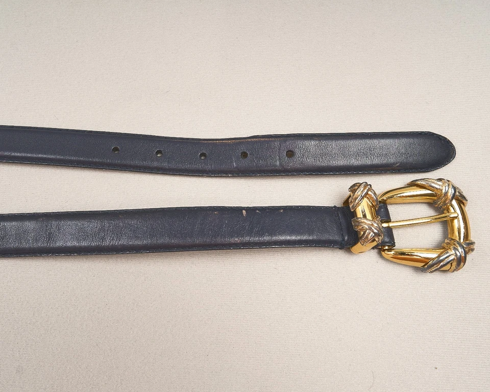 Talbots Navy Leather Belt Womens Sz M / 28 Gold Buckle Vintage - Image 3 of 4