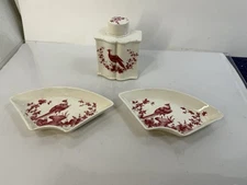 Vintage Copeland Spode Chelsea Red/Pink Bird tea caddy & 2 Plates