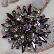 Vintage Signed Alice Caviness Purple Rhinestone & Art Glass Brooch 