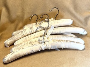 Set of 6 White Padded Satin/Fabric Covered Clothes Hangers with Metal Hooks