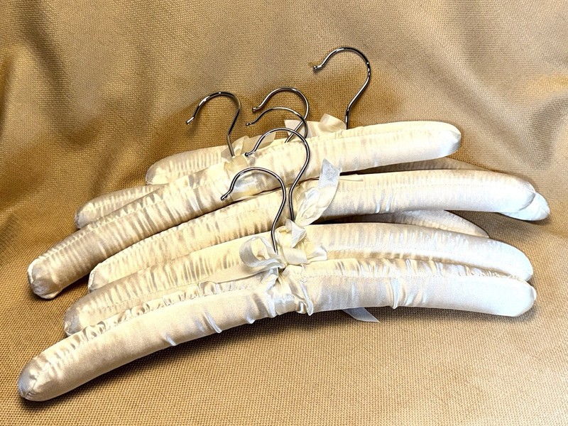 Set of 6 White Padded Satin/Fabric Covered Clothes Hangers with Metal Hooks