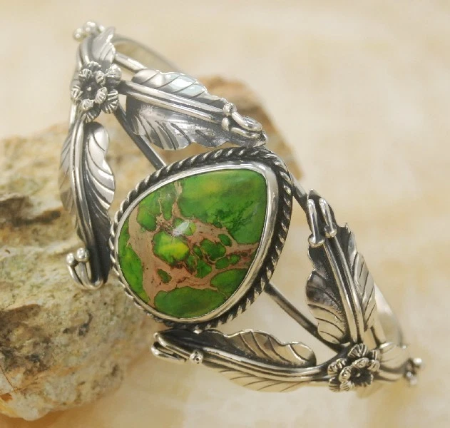 Brazalete brazalete de plata hecho a mano con piedras preciosas de jaspe sedimento de mar verde joyería C145 Foto 3 de 4