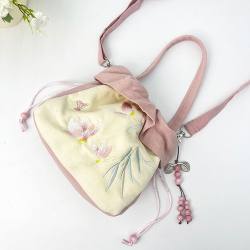 Chinese Hanfu Embroidery Crossbody Shoulder Drawstring Bucket Bag Coin Handbags - Picture 13 of 37