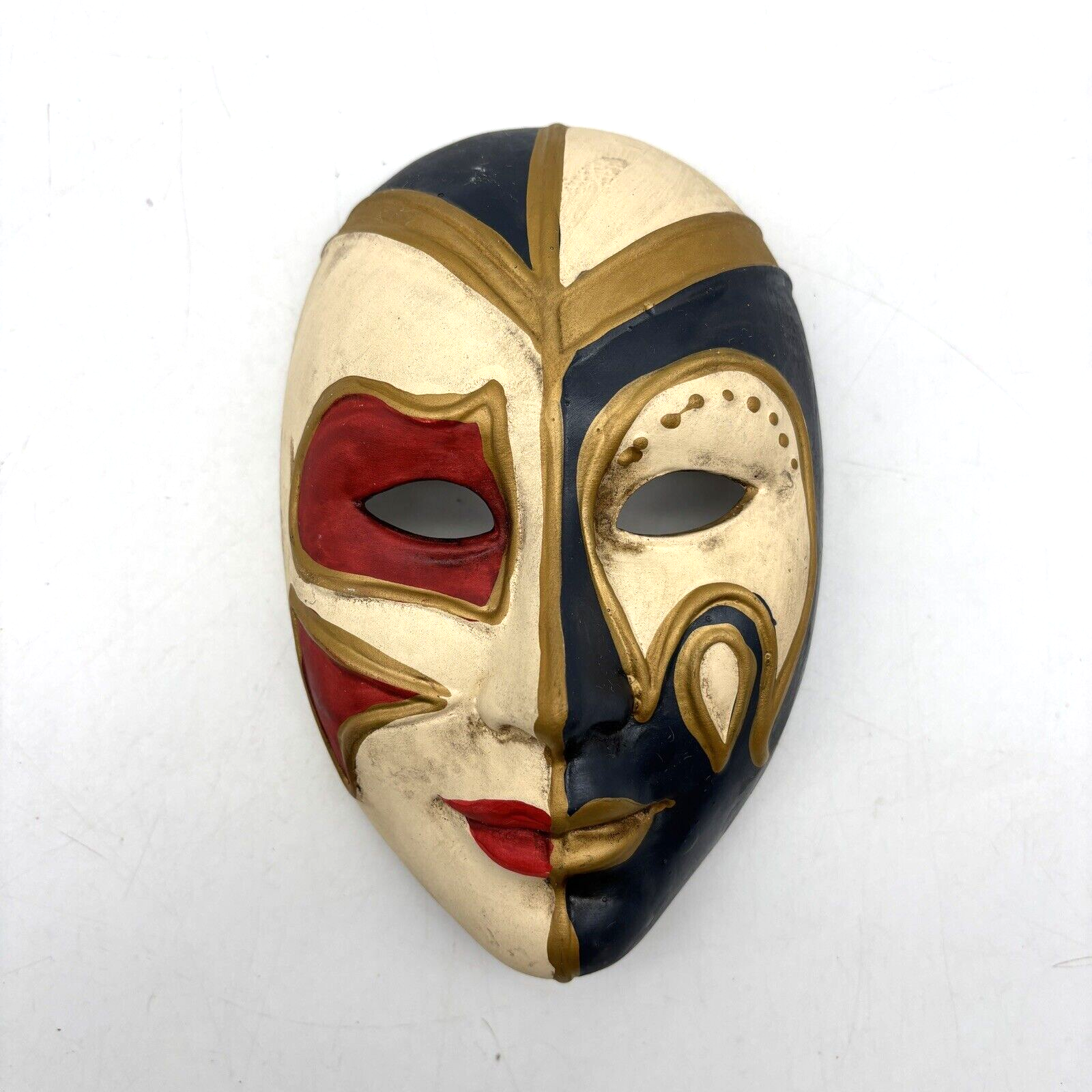 1980s Handmade Venetian Carnival Wall Mask in Red Blue Gold Matte Finish Unsigned