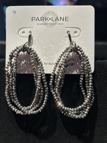 Park Lane Moonshine Earrings. 3” Beaded Hematite Glass. Retired