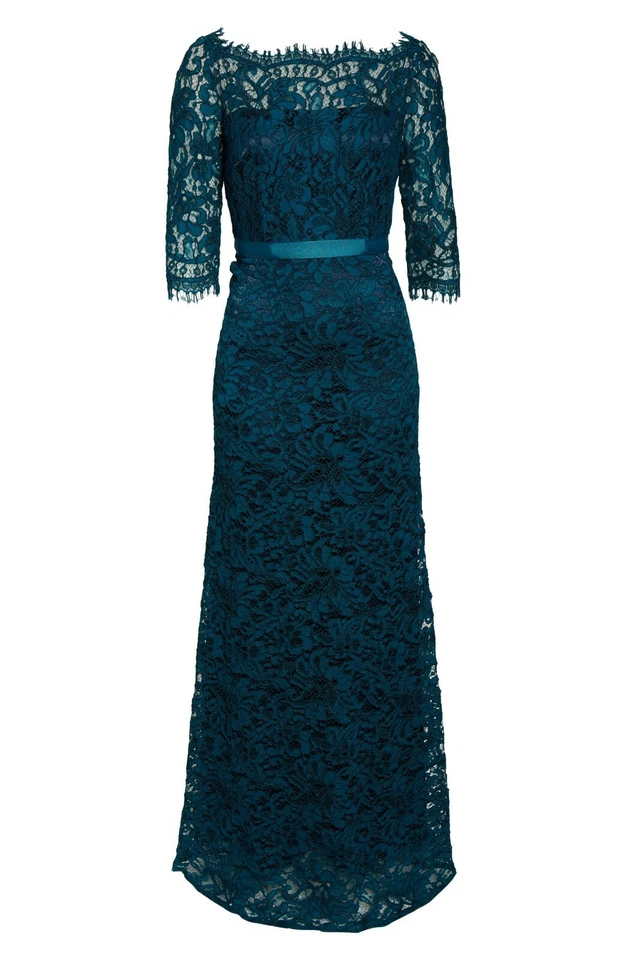 JS COLLECTIONS Turquoise Navy Teal Lace Sheer Sleeve Yoke Mermaid Maxi Gown 14 - Image 4 of 4